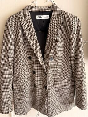 Zara Double-Breasted Glen Plaid Blazer in Brown & Black